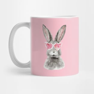 Smiling rabbit in heart-shaped glasses. Mug